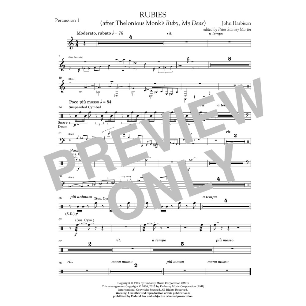 Rubies (After Thelonious Monk's "Ruby, My Dear") - Percussion 1